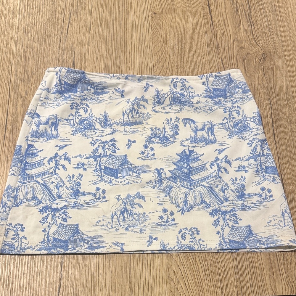 Edikted Blue and White Scenic Print Mini Skirt